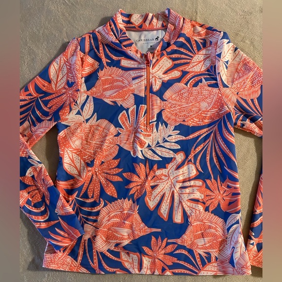 Caribbean Joe Other - Caribbean Joe 1/4 Zip Swim Shirt Tropical Fish Plants Hawaiian Blue/Coral Sz Med